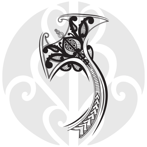A stylised Whai repo (eagle ray) design in black over a koru design in a grey circle.