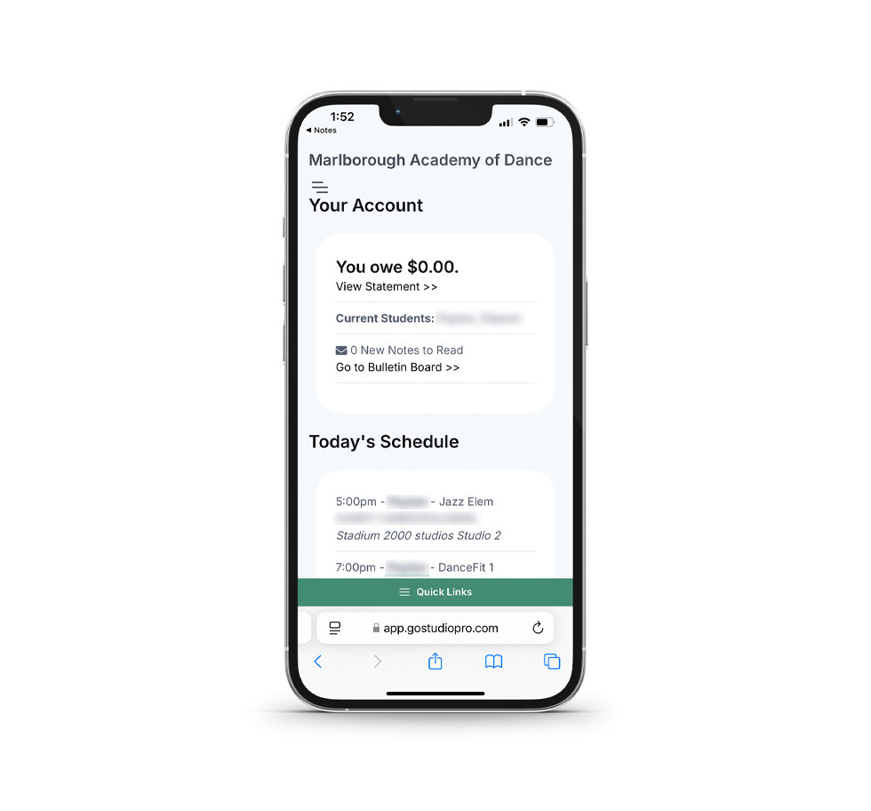 Image of a mobile phone. The phone has a screenshot of the Dance Studio Pro app open to a Marlborough Academy of Dance account.